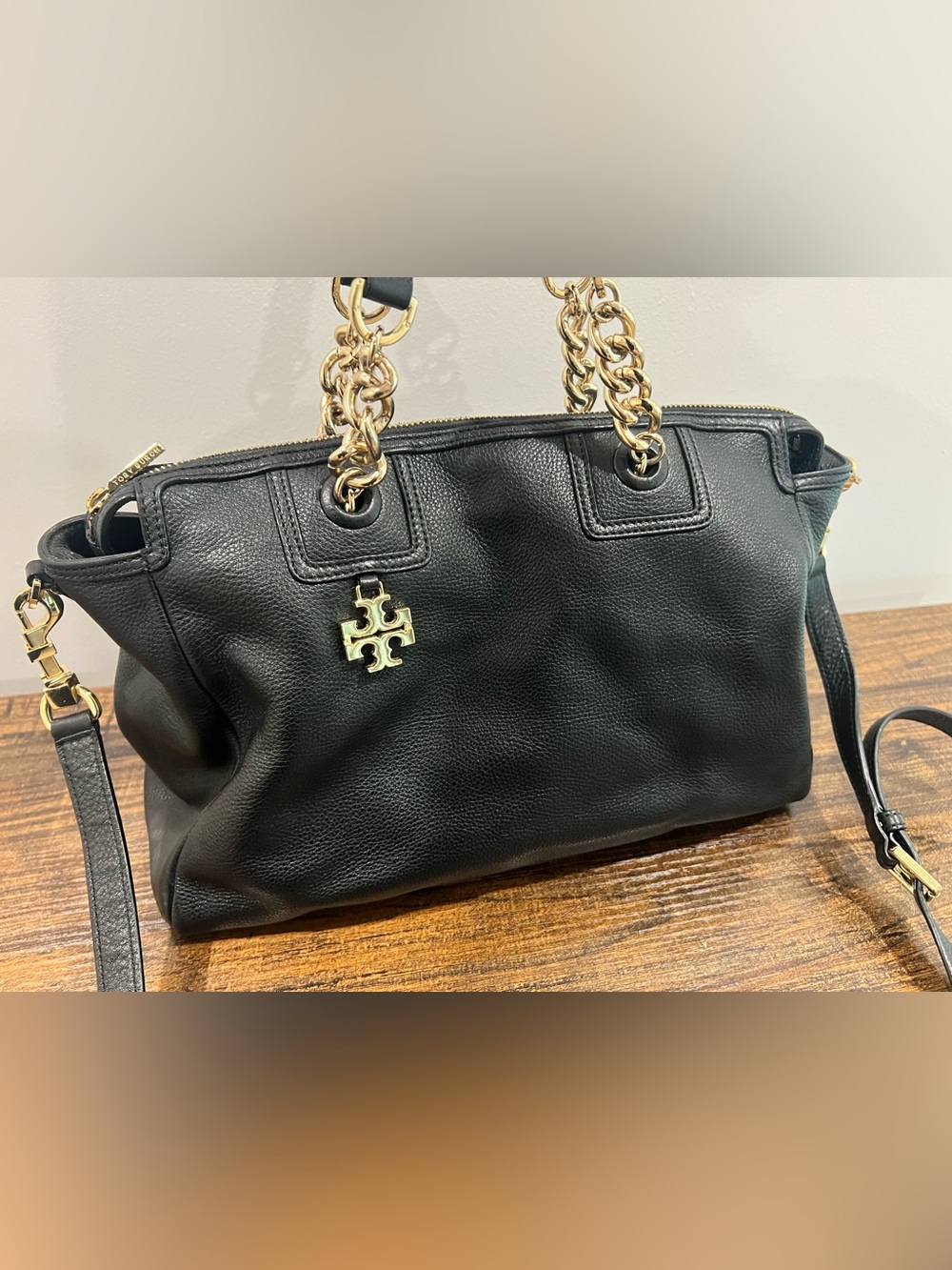 Tory Burch Black Pebbled Leather Tote with Gold Chain Handles and Logo Charm